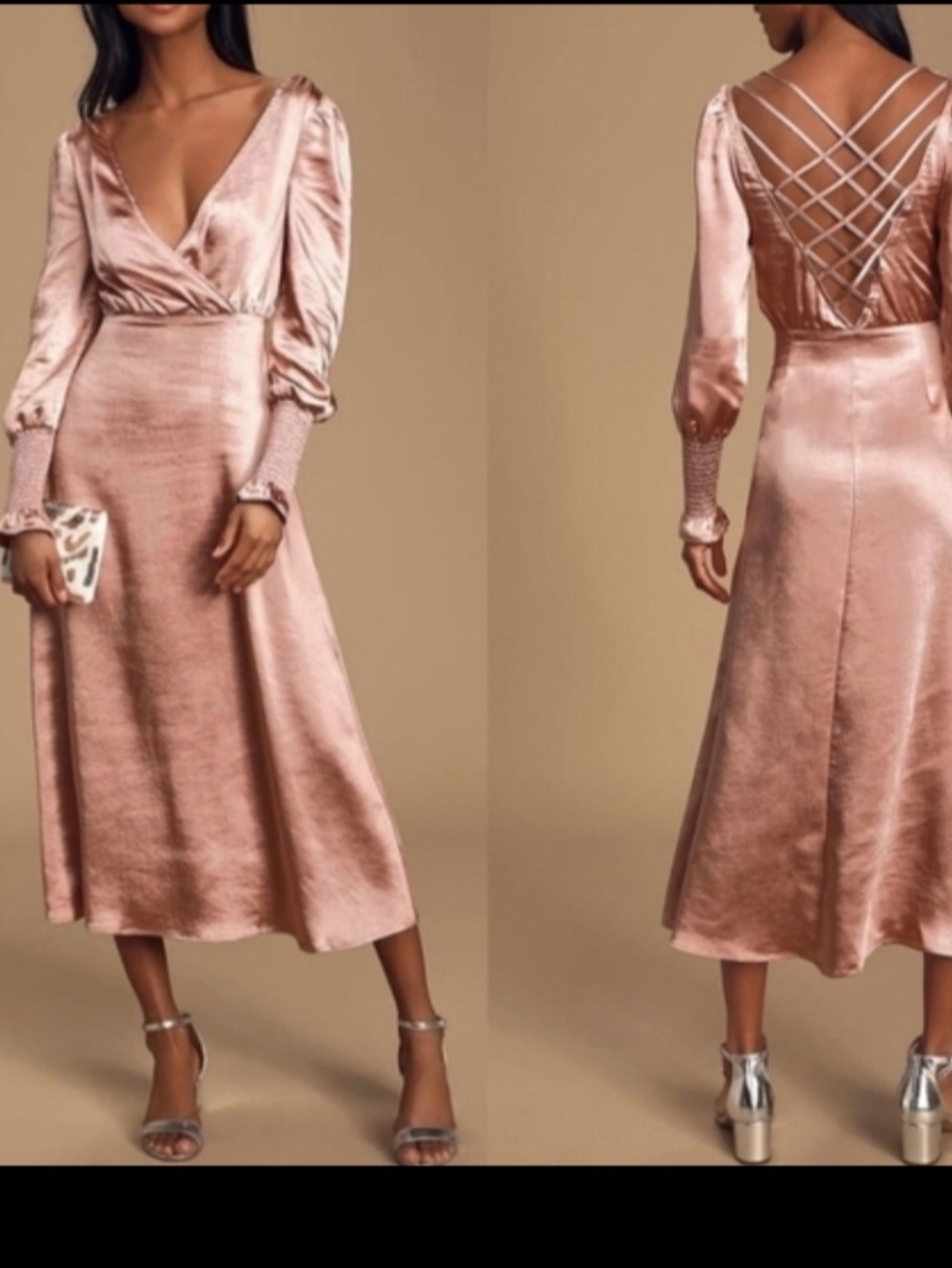 NWT LULUS Elegant Mauve Pink SatinLong Sleeve Midi Dress-Cutout Back..SIZE:L